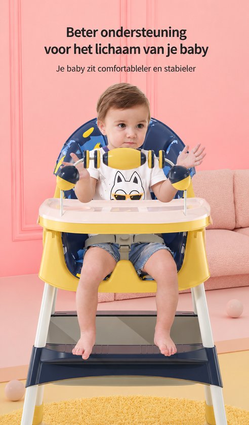 Kinderstoel Baby Inklapbaar & Verstelbaar – Hoge Kinderstoel met Dubbel Afneembaar Dienblad, 5-Punts Veiligheidsgordel, Wielen met Rem, Opbergtas & Verstelbare Rugleuning