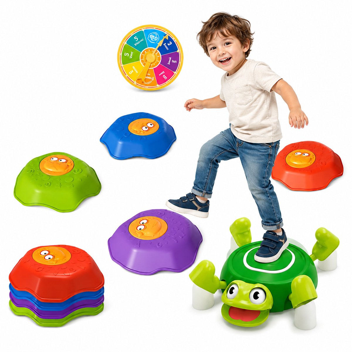 OODBLUE Interactieve Stapstenen Balansspel voor Kinderen - 4 Stapstenen, Draaiende Schildpad, Draaischijf met Licht & Geluid - Motoriek & Coördinatie Binnen en Buiten - 3 Jaar+