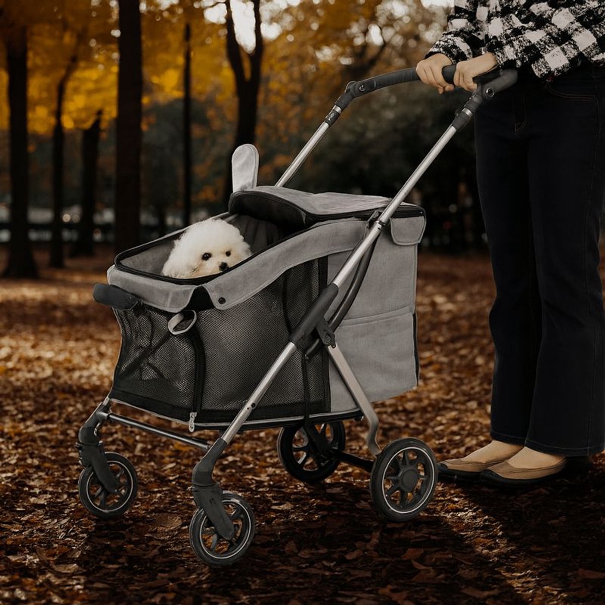 OODBLUE Hondenwagen & Kattenwagen – Opvouwbare Pet Stroller tot 15 kg – Lichtgewicht Aluminium Frame – Met Mesh Ventilatie, Zonnekap & Opbergmand