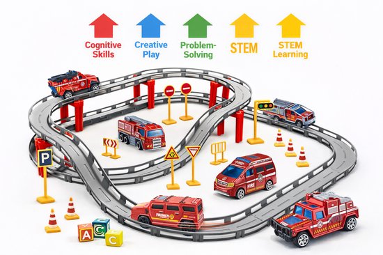 Brandweer Racebaan Speelset β Elektrische Railbaan met Die-Cast Brandweerwagens β Educatief & Creatief Speelgoed β Vanaf 3 Jaar