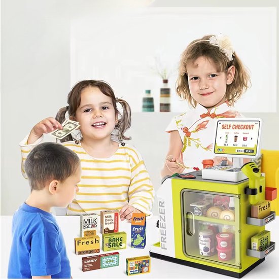 OODBLUE Supermarkt Speelgoed Kassa β Interactieve Speelset met Scanner, Licht & Geluid β Inclusief Speelgeld & 46 Accessoires