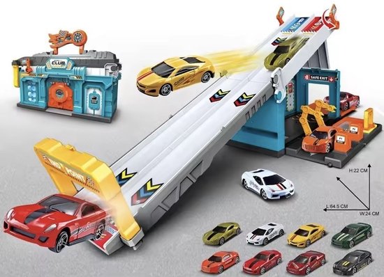 OODBLUE Racebaan met 5 Metalen Autoβs β 2-in-1 Autogarage & Opvouwbare Speelset β Met Draagkoffer β Perfect Cadeau voor Kinderen