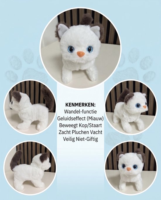 Interactieve Knuffelkat Wit β Lopende Speelgoed Kat met Geluid β Miauwt & Beweegt β Zacht Pluche β 3+ Jaar