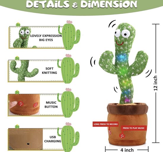 Dansende Cactus Speelgoed – Zingend & Beweeglijk Interactief Pluche – Met Stemopname – Oplaadbaar via USB – Voor Baby’s en Kinderen