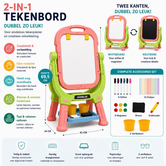 OODBLUE Dubbelzijdig Kinder Tekenbord met Whiteboard & Krijtbord - 360Β° Draaibaar - Magnetisch - Inclusief 6 Stiften, 12 Krijtjes, Magneten & Accessoires - Verstelbare Kinder Ezel - Vanaf 3 Jaar