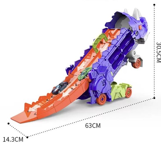 Dinosaurus Transporttruck β 2-in-1 Dino Racebaan met 6 Autoβs β Speelgoed Auto Set voor Kinderen β Flip & Launch Actie β Schaal 1:64