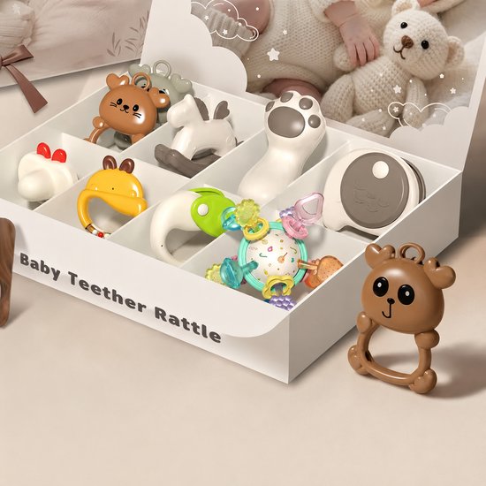 Baby Rammelaar Cadeauset 10-delig - Bijtring Baby - Babyspeelgoed 0+ Maanden - Kraamcadeau - Sensorisch Speelgoed met Knuffel, Rammelaars & Bijtspeeltjes