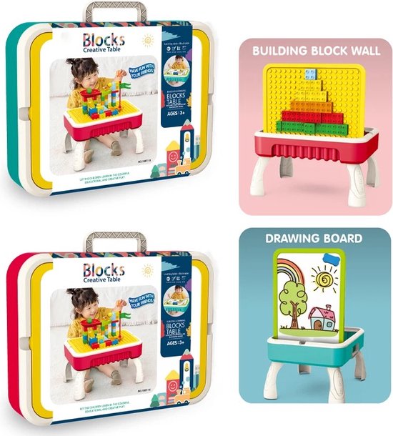 OODBLUE – 3-in-1 Bouwtafel voor Kinderen – 60-delige Blokkenset – Speeltafel met Bouwwand & Tekenbord – Educatief Speelgoed voor Jongens & Meisjes -Draagbare Opbergkoffer