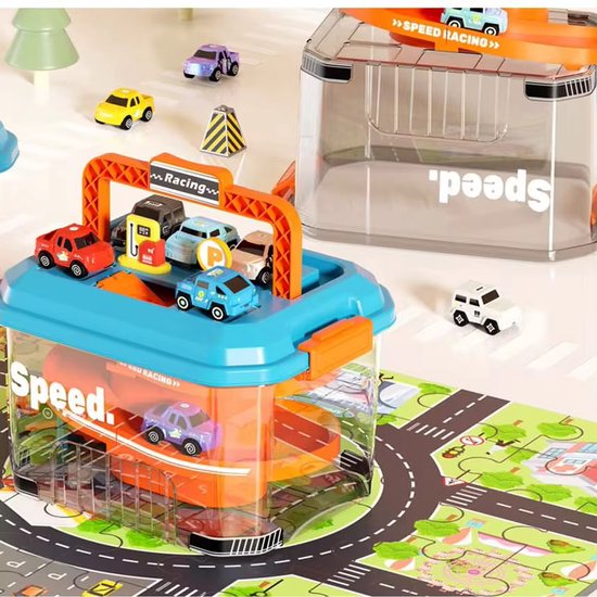 OODBLUE Speelgoed Parkeergarage met Opbergbox - Racebaan met 6 Die-cast Autoβs en 48-delige Speelmat - Draagbaar Autogarage Speelset - Vanaf 3 Jaar