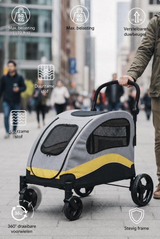 Hondenbuggy voor Grote Honden tot 60 kg – Opvouwbare Hondenwagen – Verstelbare Duwbeugel – 4 All-Terrain Wielen – Huisdierenbuggy met 360° Voorwielen