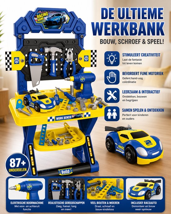 Kinder Werkbank met Elektrische Boormachine en Raceauto - 87 Delige Gereedschapset - STEM Educatief Constructiespeelgoed - Speelgoed Werkbank voor Kinderen vanaf 3 Jaar
